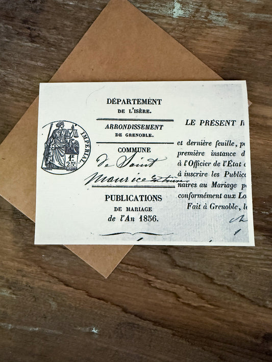 Vintage French Marriage Publication 1856 With Emblem Greeting Card
